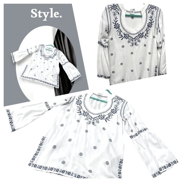 Escapada Tunic Top Boho Peasant Style White Blue Bell Sleeve Small - Picture 1 of 13